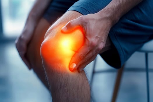 Digital composite of highlighted knee of a man with knee pain. AI generative.