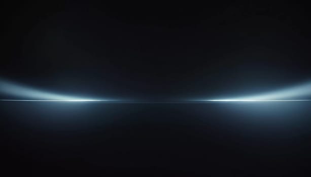 Smooth black backdrop accentuated by soft blue anamorphic bokeh effects. Gentle light waves flow across the surface, creating an ethereal atmosphere. Generative AI.