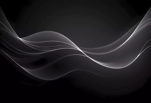 Graceful, swirling curves emerging from a dark backdrop, emphasizing fluidity and a dynamic sense of movement, inviting contemplation. Black background with smooth lines. Generative AI.