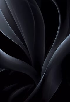 Graceful, swirling curves emerging from a dark backdrop, emphasizing fluidity and a dynamic sense of movement, inviting contemplation. Black background with smooth lines and shadows. Generative AI.