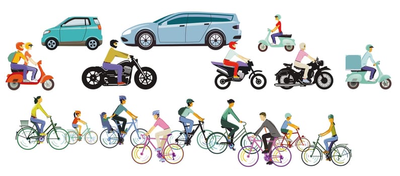 Motorcycles and cyclists with scooters, cars illustration