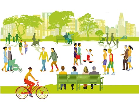 Groups of people in the park with families, parents and children, illustration