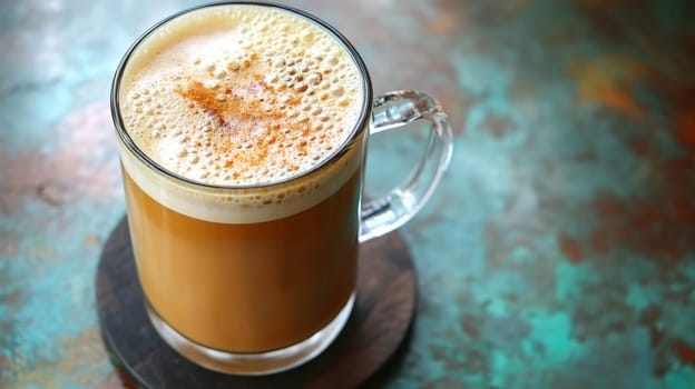 A frothy glass of Malaysian Teh Tarik on a textured surface, showcasing the rich and creamy tea blend.