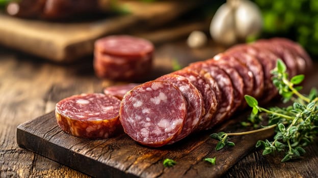 Thin slices of salami displayed on a wooden board, garnished with fresh herbs, creating a rustic culinary presentation.