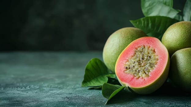 Fresh guava with vibrant pink interior and green leaves on a textured surface, offering a tropical fruit aesthetic with copy space.