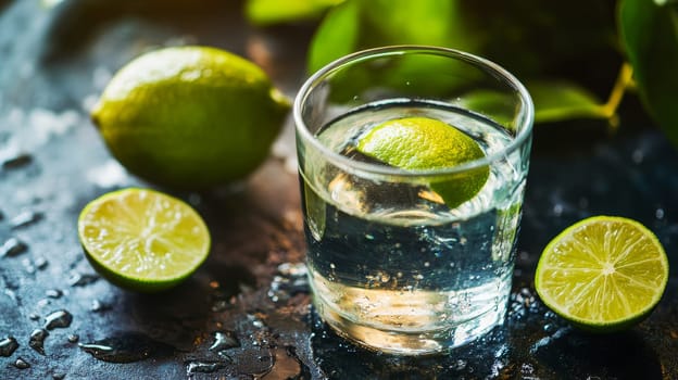 Glass of Colombian Aguardiente garnished with lime on a dark surface, showcasing a vibrant and refreshing drink.