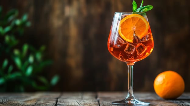 A vibrant Italian spritz with a fresh orange slice and mint leaves, served over ice in a wine glass, perfect for a summer day.