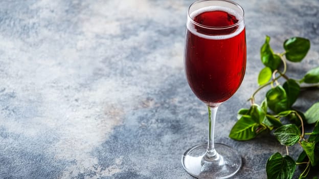 Glass of sparkling Kir Royale cocktail with vibrant red hue, garnished with fresh green herbs on a textured grey surface, perfect for elegant occasions.