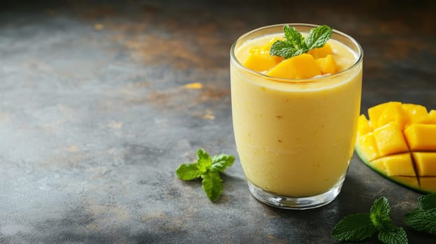A chilled glass of mango lassi garnished with fresh mint leaves on a textured background, offering a refreshing taste of India. Copy space.