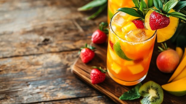 Vibrant Saint Lucian rum punch with fresh fruit garnishes on a rustic wooden table, capturing the essence of the Caribbean.