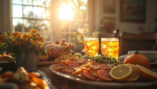 Thanksgiving Dinner Table with Turkey, Pumpkin, and Drinks at Sunset