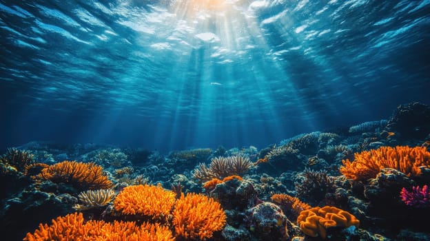 Sunlight shining on colorful coral reef in blue ocean. Underwater scene with sun rays.