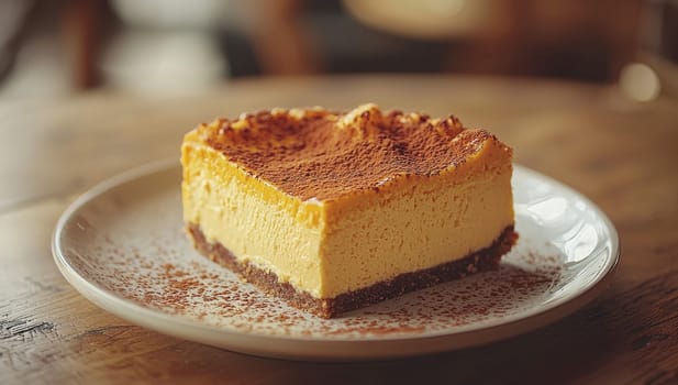 Slice of cheesecake with cocoa powder on a plate