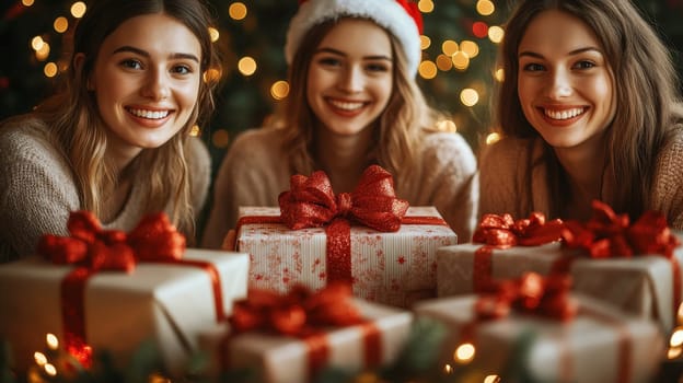 Three happy women with Christmas gifts near decorated tree. Christmas, holidays, celebration concept
