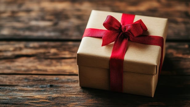 Gift box with red ribbon on rustic wooden table. Concept of celebration, birthday, christmas, surprise, and holidays