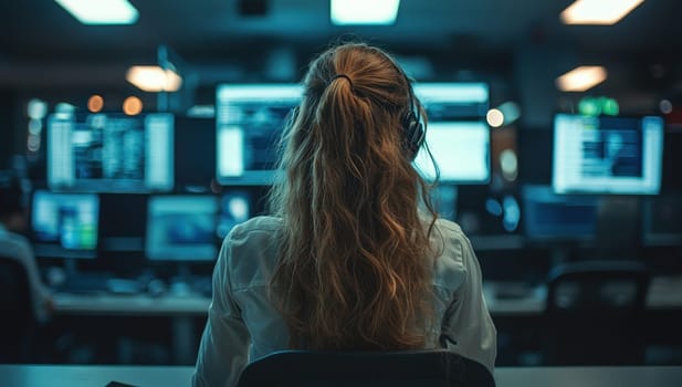 Woman working in a system control center. Concept of data analysis, cybersecurity, and monitoring.