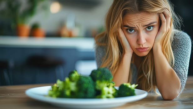 Picky eater, Young woman looking unhappy at plate full of broccoli, expressing disgust for healthy food.