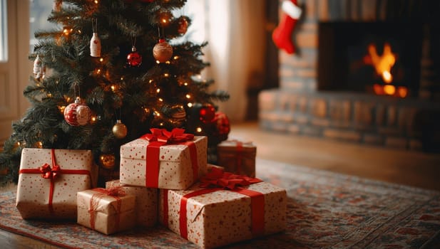 Christmas gifts under the tree near fireplace. Cozy Christmas atmosphere at home