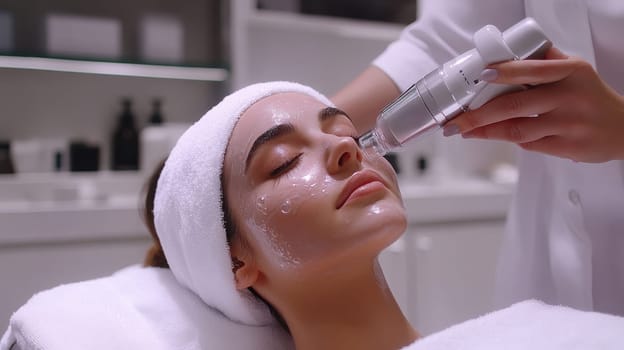 Woman receiving hydradermabrasion facial treatment in beauty salon. Cosmetologist using hydra peel machine on client's face. Concept of skincare, hydration, anti aging, rejuvenation, and beauty
