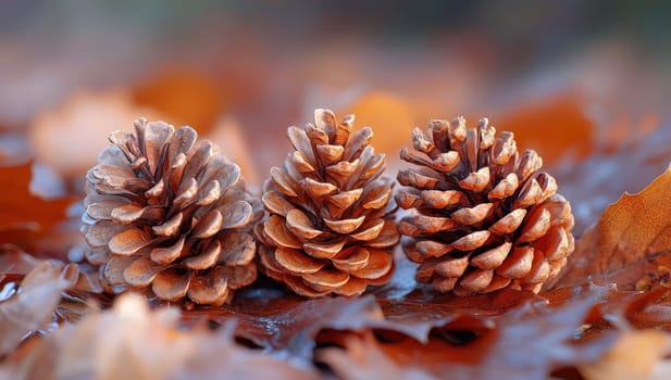 Three pine cones on fallen autumn leaves. Concept of nature, autumn, forest