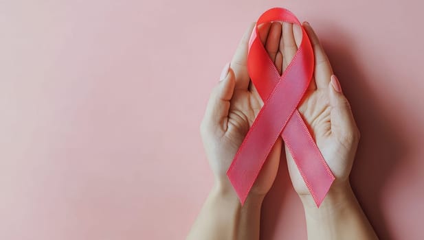 Hands holding pink ribbon on pink background. Concept of breast cancer awareness and women's health.