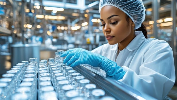 Female food factory worker inspecting glass jars. Concept of food processing, manufacturing and quality control.