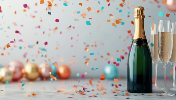 Champagne bottle and glasses with confetti. Concept of Celebration, New Year's Eve, Festive
