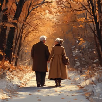 elderly couple is taking a walk in the country lane under the shade of trees. AI generative.