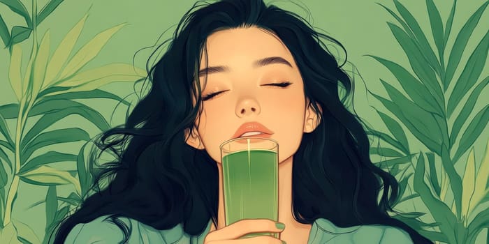 sitting smiling young woman drinking matcha tee. AI generative.
