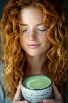 sitting smiling young woman drinking matcha tee. AI generative.
