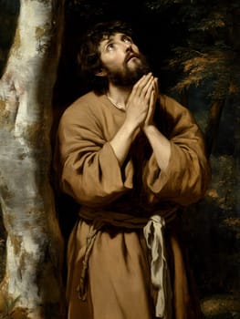 st Francis of Assisi, young man, monk, beard, brown clothing, AI generative.