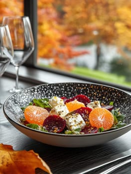 Salad with beetroot, tangerines, feta cheese and arugula,. AI generative