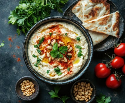 rustic style, roasted garlic hummus served in bowl topped with paprika, flat parsely and roasted pine nuts, served with pita bread, sticks, bell peppers and small bowl of olive oil professional food photography. High resolution photography, Hasselblad X2D camera --chaos 20 --ar 6:5 --style raw --stylize 300 --v 6.1 Job ID: 59393c0a-6774-43c8-9b41-a29d33ca452c