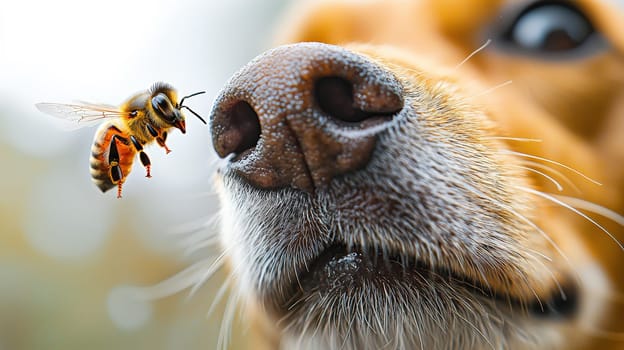 A hyper-detailed close-up of a dog's nose with a large bee sting on the side, capturing the moist, textured surface of the nose and fur. A bee hovers nearby, adding context to the sting. Shot with a fisheye lens for a dramatic effect, the background is blurred, creating focus on the nose and the sting. The white background enhances the contrast and highlights the realism of the image.