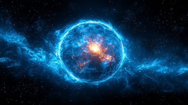 A striking image of a large neon blue orb radiating powerful plasma energy. The orb has a brilliant, glowing center surrounded by intense electric blue energy, creating a captivating and vibrant visual effect. Centered against a dark backdrop, this futuristic design evokes a sense of raw, cosmic power and limitless energy.