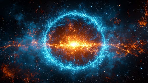 A striking image of a large neon blue orb radiating powerful plasma energy. The orb has a brilliant, glowing center surrounded by intense electric blue energy, creating a captivating and vibrant visual effect. Centered against a dark backdrop, this futuristic design evokes a sense of raw, cosmic power and limitless energy.