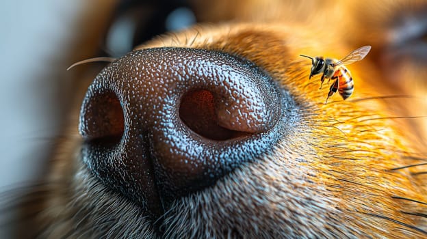 A hyper-detailed close-up of a dog's nose with a large bee sting on the side, capturing the moist, textured surface of the nose and fur. A bee hovers nearby, adding context to the sting. Shot with a fisheye lens for a dramatic effect, the background is blurred, creating focus on the nose and the sting. The white background enhances the contrast and highlights the realism of the image.
