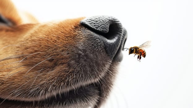 A hyper-detailed close-up of a dog's nose with a large bee sting on the side, capturing the moist, textured surface of the nose and fur. A bee hovers nearby, adding context to the sting. Shot with a fisheye lens for a dramatic effect, the background is blurred, creating focus on the nose and the sting. The white background enhances the contrast and highlights the realism of the image.