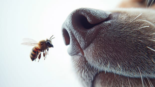 A hyper-detailed close-up of a dog's nose with a large bee sting on the side, capturing the moist, textured surface of the nose and fur. A bee hovers nearby, adding context to the sting. Shot with a fisheye lens for a dramatic effect, the background is blurred, creating focus on the nose and the sting. The white background enhances the contrast and highlights the realism of the image.
