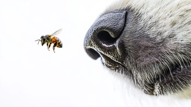 A hyper-detailed close-up of a dog's nose with a large bee sting on the side, capturing the moist, textured surface of the nose and fur. A bee hovers nearby, adding context to the sting. Shot with a fisheye lens for a dramatic effect, the background is blurred, creating focus on the nose and the sting. The white background enhances the contrast and highlights the realism of the image.