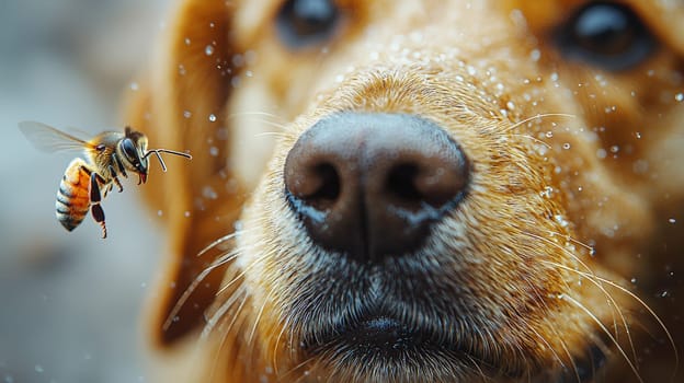 A hyper-detailed close-up of a dog's nose with a large bee sting on the side, capturing the moist, textured surface of the nose and fur. A bee hovers nearby, adding context to the sting. Shot with a fisheye lens for a dramatic effect, the background is blurred, creating focus on the nose and the sting. The white background enhances the contrast and highlights the realism of the image.