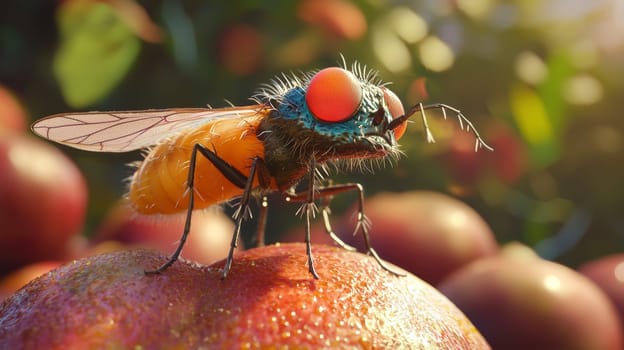 A playful and detailed 3D cartoon depiction of a fruit fly. The fly's exaggerated features, such as its large eyes and delicate wings, bring a whimsical and vibrant character to life. The vibrant colors and smooth textures make it stand out in a fun, animated style, perfect for children's illustrations or educational content.