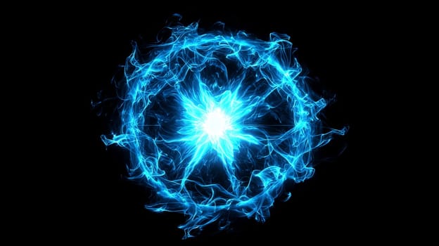 A striking image of a large neon blue orb radiating powerful plasma energy. The orb has a brilliant, glowing center surrounded by intense electric blue energy, creating a captivating and vibrant visual effect. Centered against a dark backdrop, this futuristic design evokes a sense of raw, cosmic power and limitless energy.