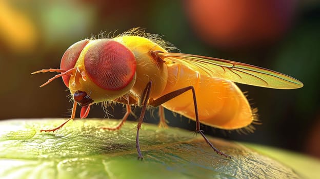A playful and detailed 3D cartoon depiction of a fruit fly. The fly's exaggerated features, such as its large eyes and delicate wings, bring a whimsical and vibrant character to life. The vibrant colors and smooth textures make it stand out in a fun, animated style, perfect for children's illustrations or educational content.
