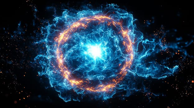 A striking image of a large neon blue orb radiating powerful plasma energy. The orb has a brilliant, glowing center surrounded by intense electric blue energy, creating a captivating and vibrant visual effect. Centered against a dark backdrop, this futuristic design evokes a sense of raw, cosmic power and limitless energy.