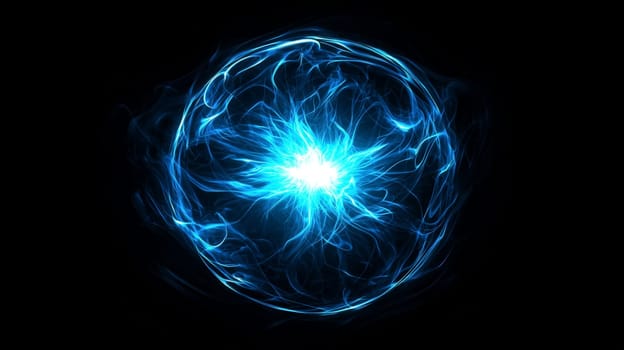 A striking image of a large neon blue orb radiating powerful plasma energy. The orb has a brilliant, glowing center surrounded by intense electric blue energy, creating a captivating and vibrant visual effect. Centered against a dark backdrop, this futuristic design evokes a sense of raw, cosmic power and limitless energy.