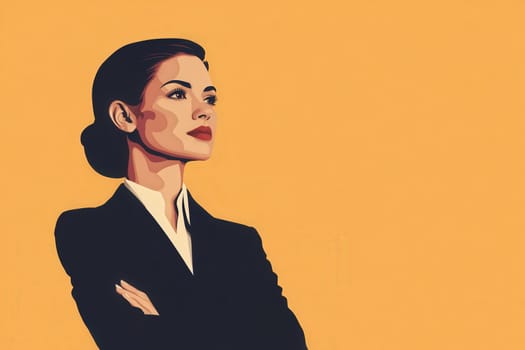 A professional woman stands with arms crossed, exuding confidence in a simple yet stylish environment. Her minimalist appearance highlights her strong presence and determination.