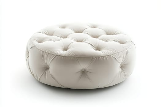 A soft, round tufted ottoman is set in the center of a bright and minimalist living area. The plush texture invites comfort and adds a stylish touch to the decor.