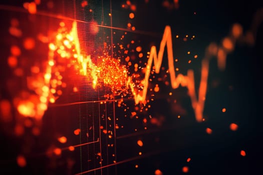 A stock market graph displays a dramatic decline in value, featuring a clean and minimalist design. The visualization highlights fluctuating trends with intense colors representing market volatility.