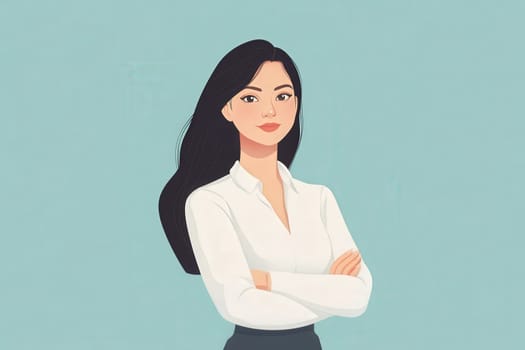 A professional consultant stands confidently with crossed arms, exuding assurance in a clean, minimalist office. The modern environment reflects focus and clarity, ideal for productive discussions.